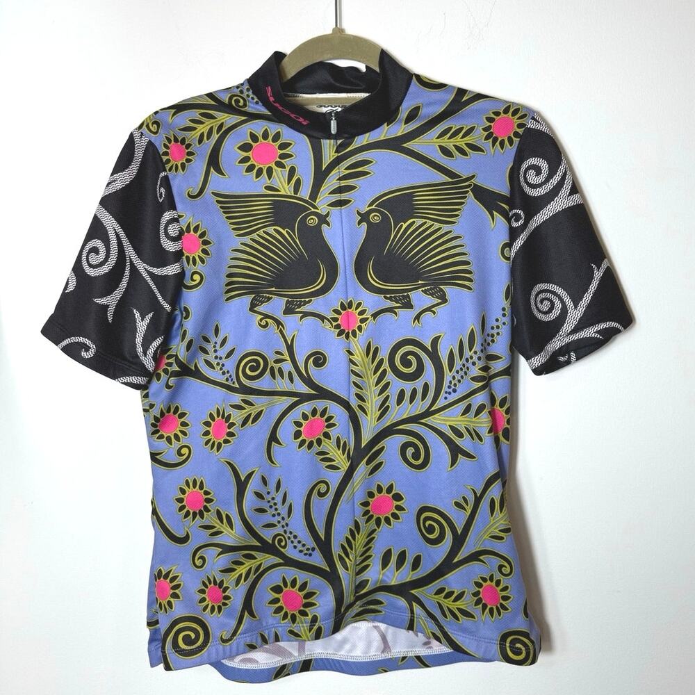 Y2K Sugoi Sz S Zip 3 Back Cargo Pockets Cycling Jersey Bird Folk Art Bold Print